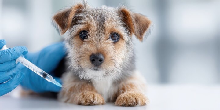 Vet Doctor giving injection to dog in clinic. Hands with syringe. Puppy receiving vaccination, sitting on table in veterinary clinic, Veterinarian in protective gloves and blue uniform vaccinating it