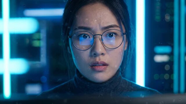 Asian female youth experiencing curiosity and concern, young adult focused computer screen, digital interface, technology, glowing blue data, intense concentration, surprise, wide eyes, futuristic