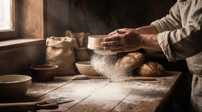 Baker sifting flour with wooden sieve on rustic table in sunlit bakery