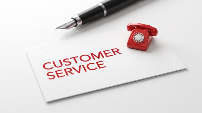Customer Service Concept with Red Text on Business Card Fountain Pen and Miniature Retro Telephone