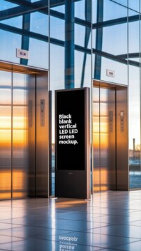 Black blank vertical led screen mockup standing beside metallic elevator doors in modern office lobby. Empty digital signage board for advertising displays information inside glass building interior.