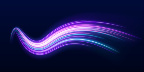 Obraz premium Futuristic neon highway glows with vibrant blue and purple light trails. Dynamic beams sweep across the road. Cyberpunk PNG artwork for digital design.