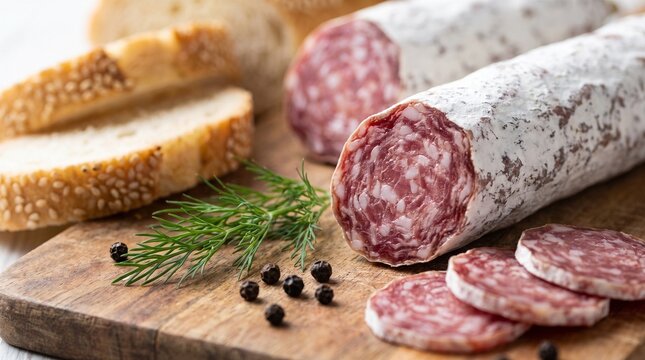 Salami Sausage Slices with Saucisson Sec Fuet on Wooden Cutting Board with Bread and Dill