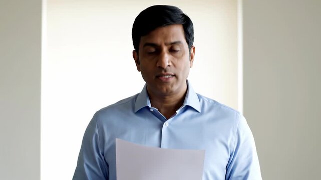 Man in blue shirt reading document with neutral expression in bright indoor setting