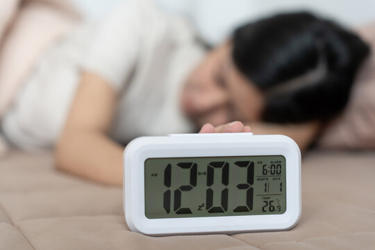 Asia young woman sleep late, lady is late appointment or work or class study, overslept, difficulty get up in mornings, time worried, not on time, sleepy, over due, over due