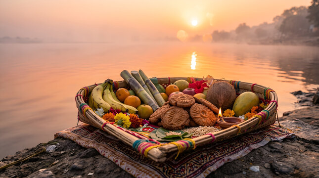 Chhath Puja Soop: Traditional Bamboo Tray with Thekua and Fruits
