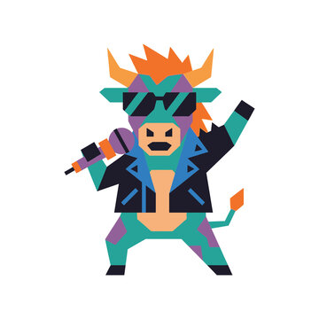 Cool cow rock star character wearing sunglasses and leather jacket holding a microphone