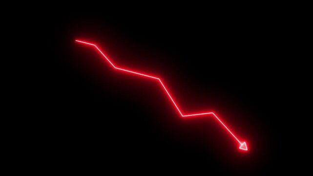 Glowing neon downward trend arrow animation representing financial market decline, business loss and economic recession on black background
