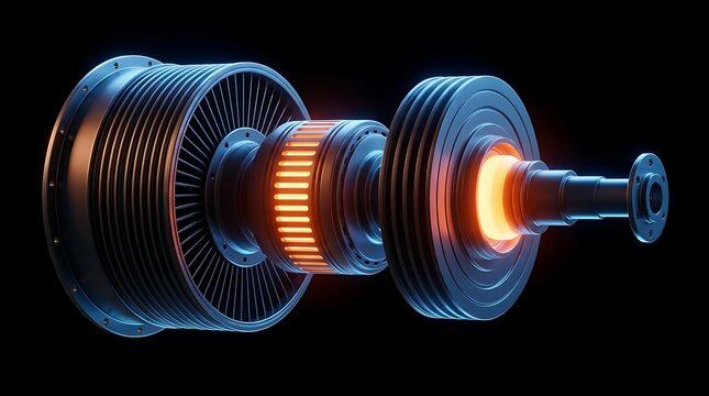 Industrial mechanical engine core component with glowing heated orange thermal fins designed for high performance aerospace propulsion and heavy power generation.