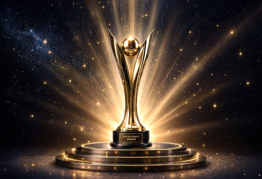 Golden trophy cup with excellence award inscription glowing on stage with radiant light effects