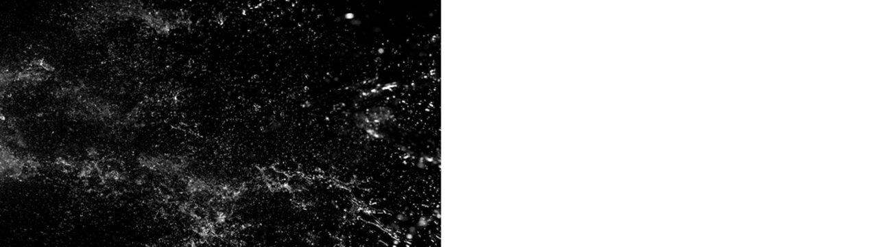 Flowing water splash and droplet overlay on black and transparent background. Wide horizontal banner with liquid stream and spray effect for graphic design