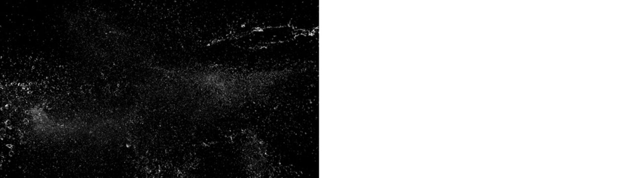 Fine water spray and mist overlay on black and transparent background. Panoramic banner of realistic condensation droplets. Design element for moisture effect