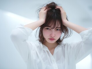 Naklejka premium 白いシャツを着て頭を抱えながら悩み苦悩する表情を浮かべて落ち込む若い女性のポートレート