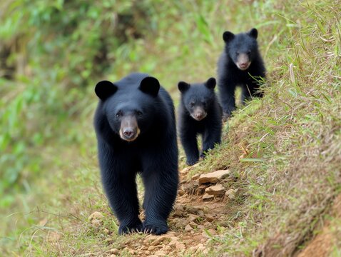 野生の森の小道を一列に並んで歩くツキノワグマの親子と可愛い二頭の子熊の風景写真