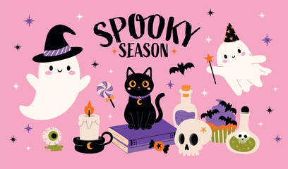 Fototapeta premium Halloween poster with cute ghosts, black cat, magic book, potions, cupcake and festive decorations. Flat vector banner design.