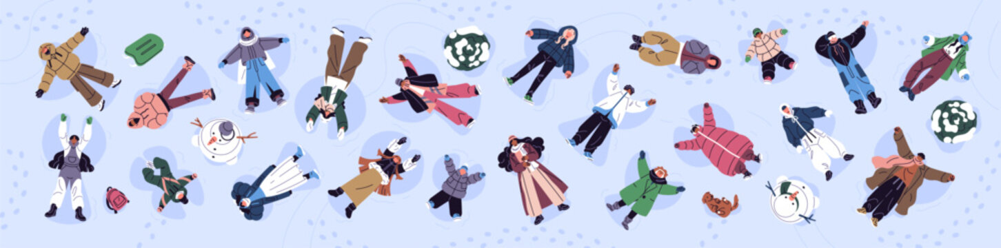 People lying in the snow make snow angels and have fun. Happy men, women and children play outdoors in winter. Christmas banner with overhead of characters and snowman. Flat vector illustration