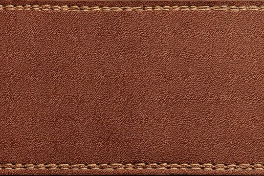 Brown leather texture background with double stitching lines at top and bottom borders. High-quality macro template for denim clothing apparel branding, fashion design, and leathercraft banner. Banner