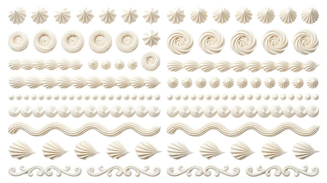 White whipped cream swirls and borders, decorative frosting piping set, sweet vanilla icing elements for cake design