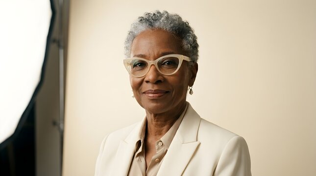 Elegant senior african american woman wearing stylish eyeglasses and professional cream blazer looking at camera smiling