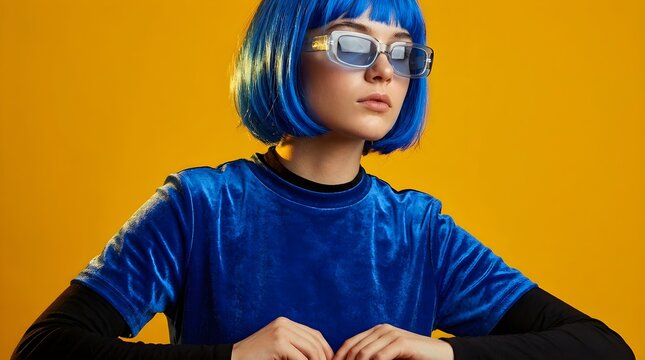 Stylish young woman wearing vibrant blue hair wig and modern sunglasses posing against yellow studio background