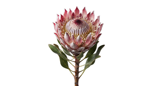 King protea flower on white background. Exotic pink sugarbush bloom with green leaves. Tropical botanical floral element for wedding design.