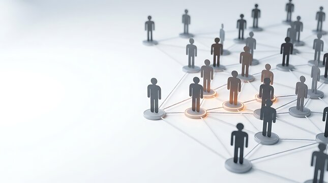 Network of interconnected stylized people figures on white background symbolizing social connections and community collaboration technology for business.