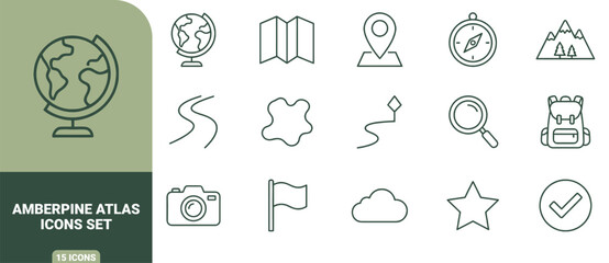 Fototapeta premium Amberpine atlas icons set featuring line travel symbols like globes, maps, compasses, mountains, and cameras