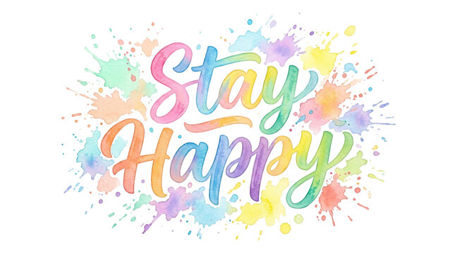 Stay Happy watercolor lettering on paint splashes. Vibrant rainbow typography for inspirational posters. Colorful artistic quote design.