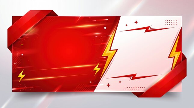 Dynamic red sale banner with lightning bolts, abstract promotional background for marketing, vibrant commercial poster template