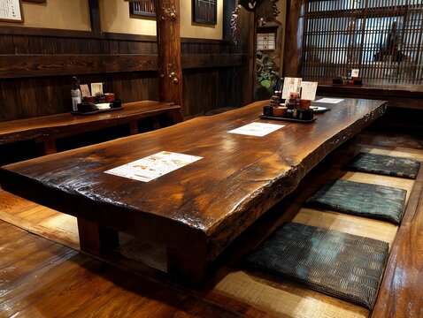 日本の伝統的な古民家風の居酒屋で使い込まれた一枚板の座卓が並ぶ落ち着いた和の室内