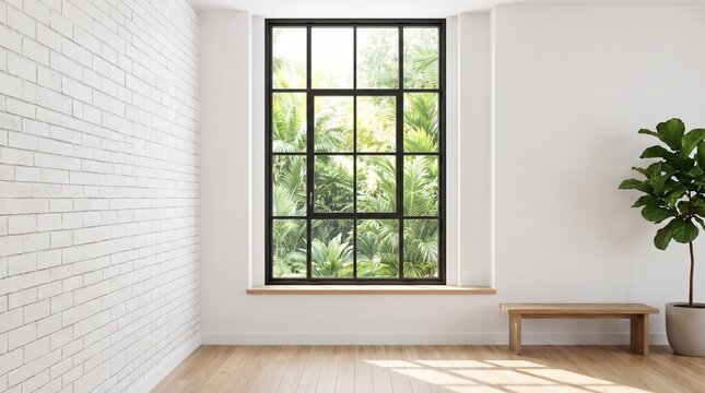 Empty White Wall Mockup with Big Window White Brick Wall Hardwood Floor and Fiddle Leaf Fig Plant