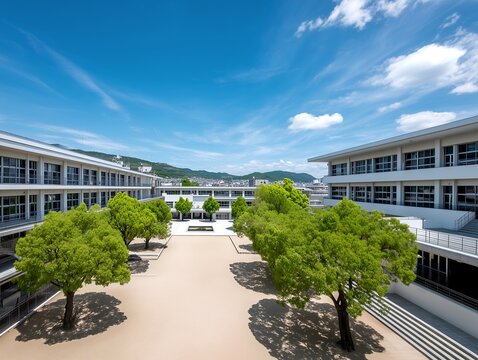 澄み渡る青空の下に広がる木々が植えられた中学校や高校の校舎と中庭の風景を俯瞰で撮影