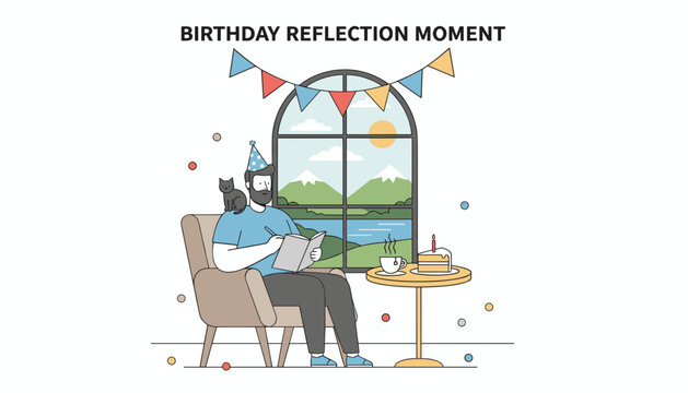 Cozy birthday reflection moment with a man writing in his journal next to a slice of cake while his cat watches.