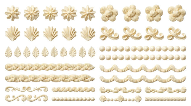 Buttercream frosting swirls and piping borders, decorative cake icing elements set, white whipped cream swirls for bakery design