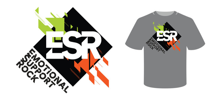 Bold geometric T-shirt design with large &ldquo;ESR&rdquo; lettering and colorful abstract shapes