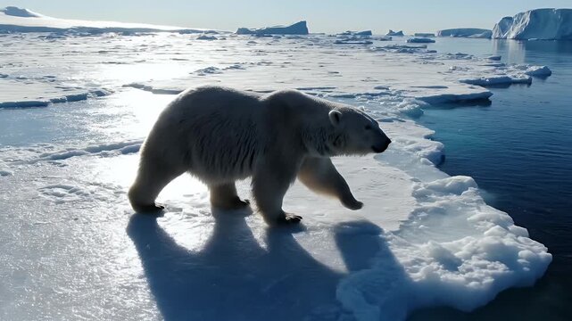A lone polar bear walks across an icy landscape under a bright blue sky, highlighting the harsh Arctic environment.