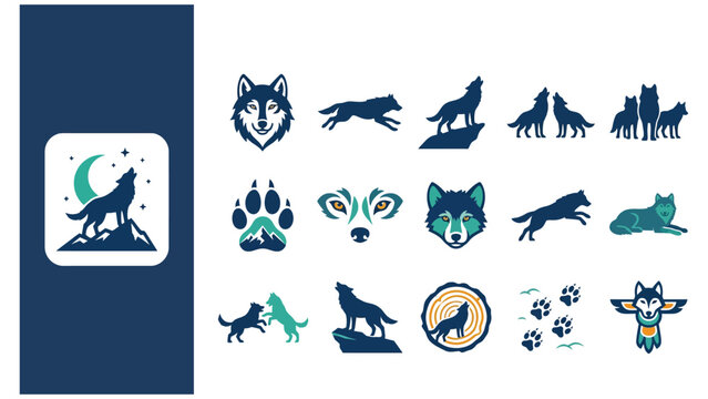 Comprehensive collection of wolf themed icons and graphic symbols with wildlife