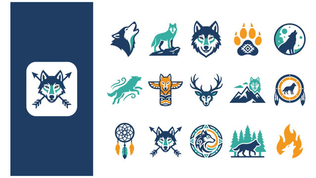 Set of flat wolf themed vector icons and illustrations for graphic design