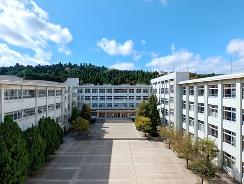 青空の下に広がる日本の公立中学校や高校の校舎と緑豊かな山々が美しい学校の中庭の風景