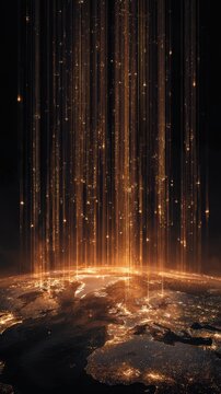 Illuminated digital connection lines rising from the Earth?s surface showcasing glowing city networks and data streams over a detailed map at night