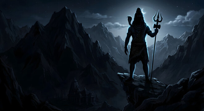 Lord shiva silhouette standing on mountain peak under crescent moon