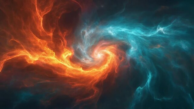Vivid cyan and orange plasma energy swirls and twists in a slow, hypnotic seamless loop against a dark background, with fiery glowing edges &mdash; perfect for tech, gaming, science visuals.