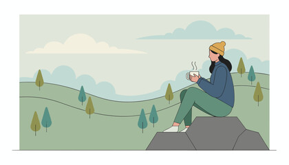 Obraz premium Young female hiker sitting on a rock and enjoying a warm drink while looking at scenic green hills and pine trees.