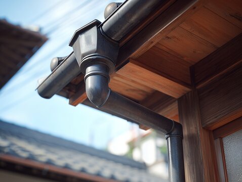 木造住宅の軒下で雨水を受け止める重厚な質感の雨樋と縦樋のクローズアップ写真