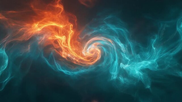 Vivid cyan and orange plasma energy swirls and twists in a slow, hypnotic seamless loop against a dark background, with fiery glowing edges &mdash; perfect for tech, gaming, science visuals.