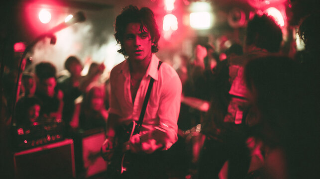 Guitarrista tocando en concierto en directo con luces rojas en sala de m&uacute;sica