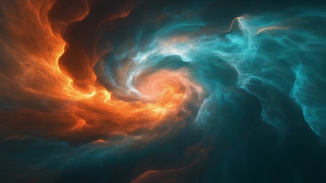 Vivid cyan and orange plasma energy swirls and twists in a slow, hypnotic seamless loop against a dark background, with fiery glowing edges &mdash; perfect for tech, gaming, science visuals.