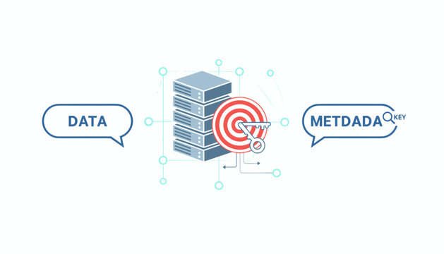 Secure server stack pointing to a target with key symbol, representing safe data and metadata search.