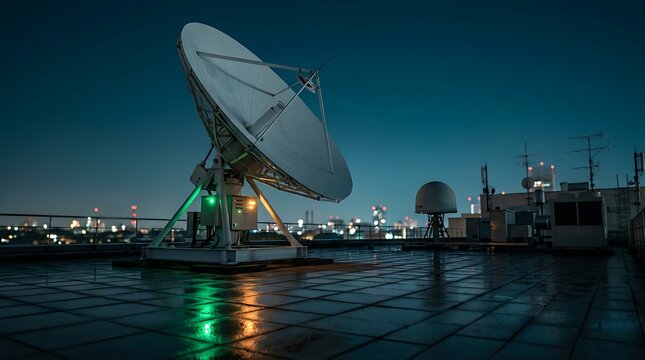 Satellite dish on rooftop at night receiving signals from space with city lights glowing in background for communication technology concepts.