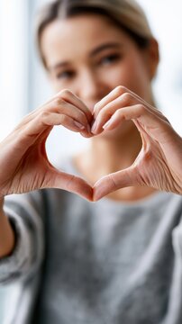 Young woman making a heart shape with her hands in focus with her face softly blurred in the background expressing love and positivity indoors